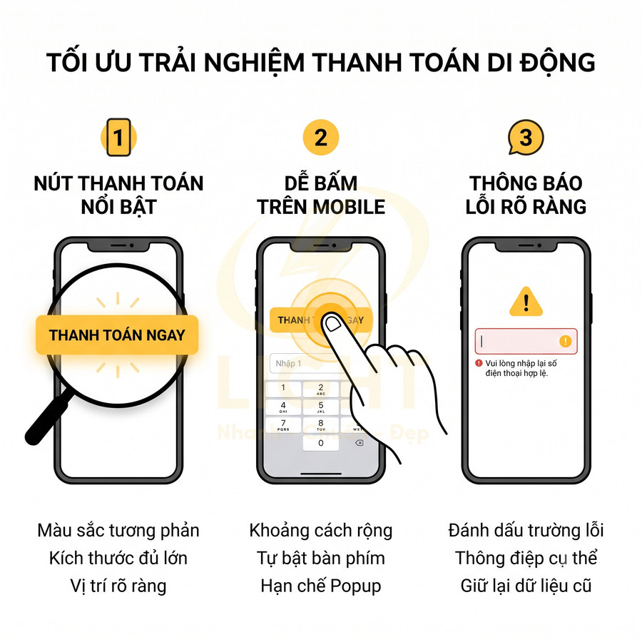 Hướng dẫn tối ưu trải nghiệm thanh toán di động với nút thanh toán nổi bật, dễ bấm và thông báo lỗi rõ ràng trên smartphone