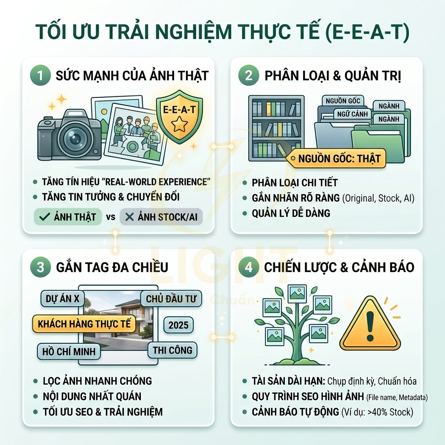 Infographic tối ưu trải nghiệm thực tế E-E-A-T với lợi ích ảnh thật, phân loại nguồn gốc, gắn tag đa chiều và chiến lược cảnh báo