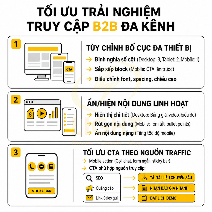 Infographic tối ưu trải nghiệm truy cập B2B đa kênh với tùy chỉnh bố cục, nội dung linh hoạt và CTA theo nguồn traffic