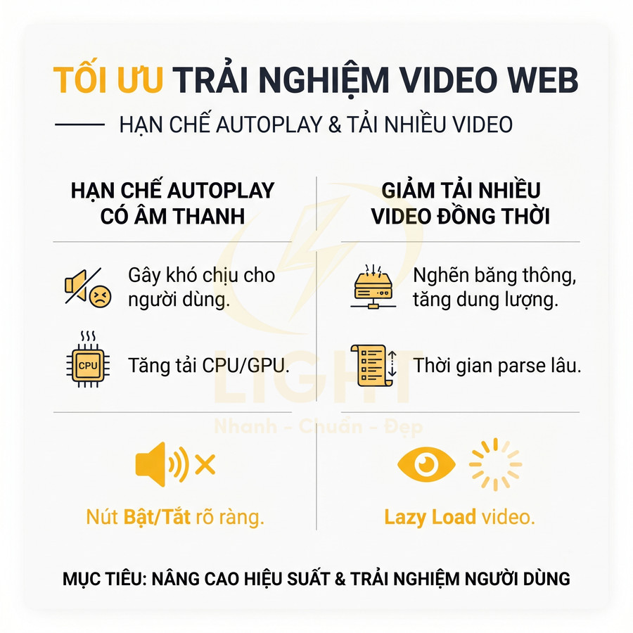 Infographic tối ưu trải nghiệm video web bằng cách hạn chế autoplay có âm thanh và giảm tải nhiều video đồng thời