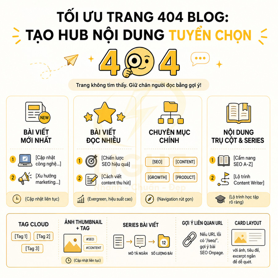 Hướng dẫn tối ưu trang 404 blog thành hub nội dung tuyển chọn với bài viết mới, đọc nhiều và chuyên mục chính