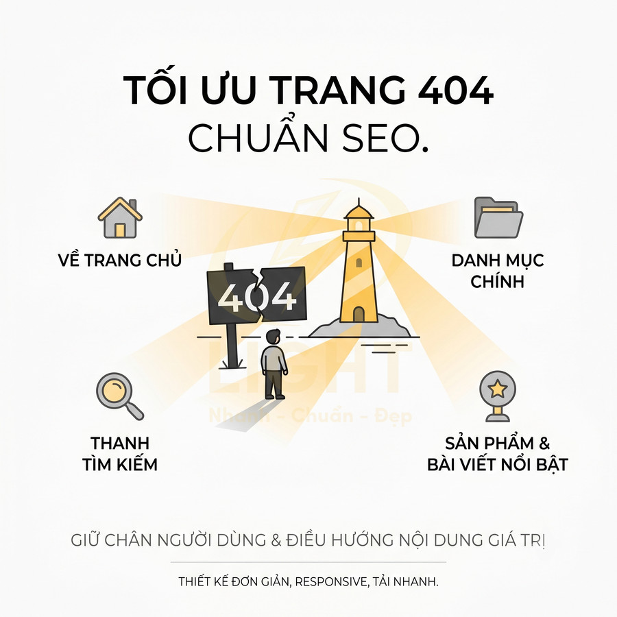 Hướng dẫn tối ưu trang 404 chuẩn SEO với nút về trang chủ, danh mục chính, thanh tìm kiếm và nội dung nổi bật