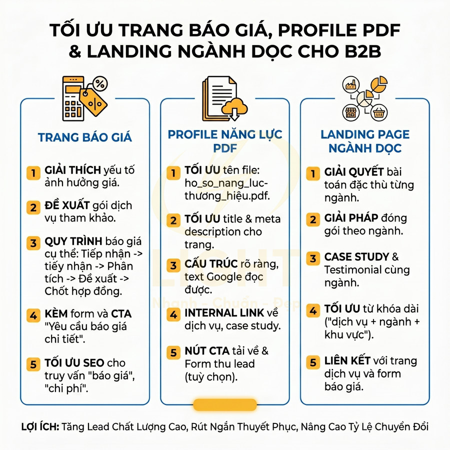 Tối ưu trang báo giá profile PDF và landing page ngành dọc cho B2B với checklist chi tiết từng mục