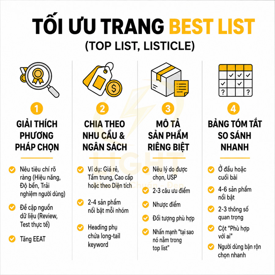 Hướng dẫn tối ưu trang best list với 4 bước chọn và mô tả sản phẩm, chia theo nhu cầu và bảng so sánh nhanh