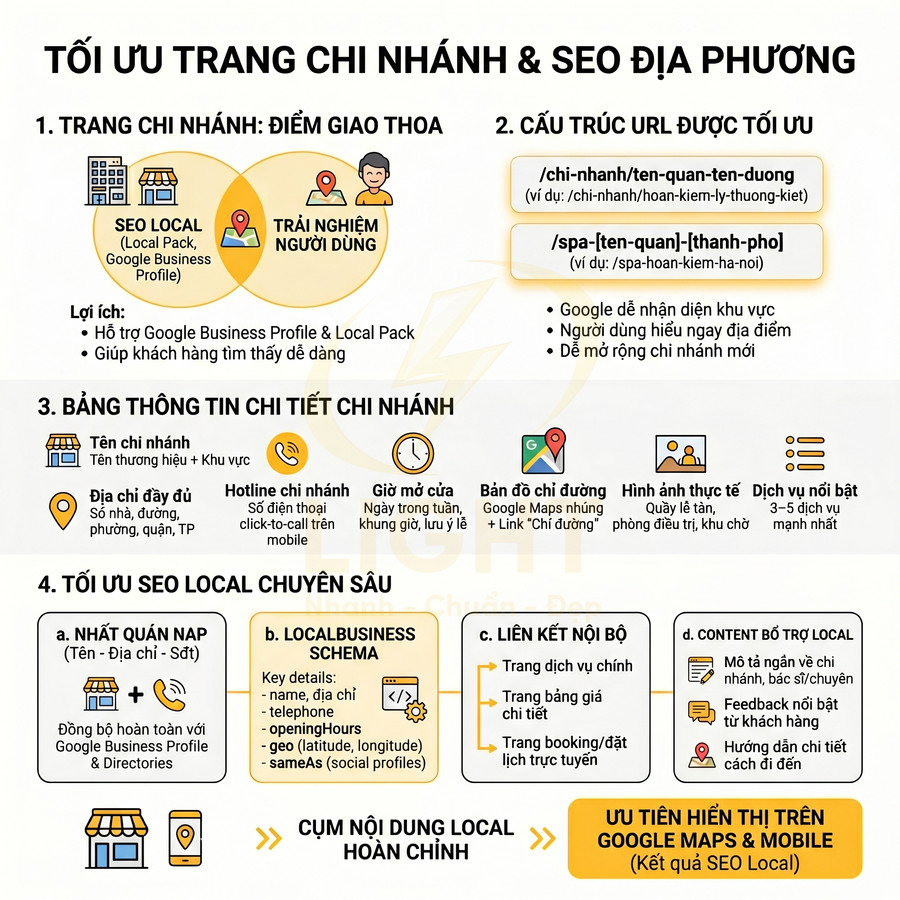 Hướng dẫn tối ưu trang chi nhánh và SEO địa phương với cấu trúc URL, bảng thông tin chi nhánh và chiến lược SEO local