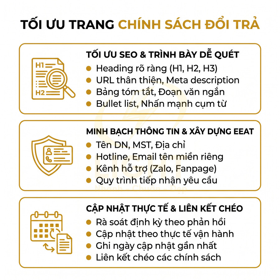 Hướng dẫn tối ưu trang chính sách đổi trả với SEO, minh bạch thông tin và cập nhật nội dung thực tế