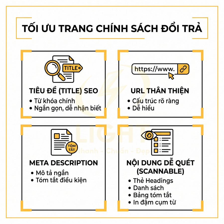 Hướng dẫn tối ưu SEO cho trang chính sách đổi trả với title, URL thân thiện, meta description và nội dung dễ quét