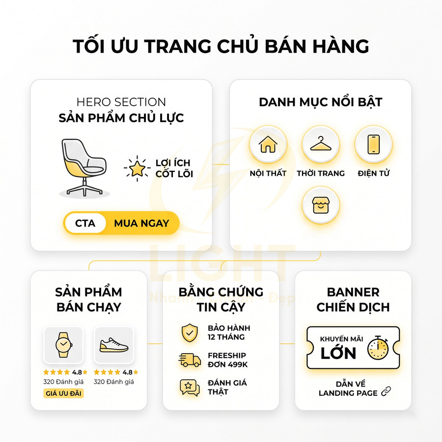 Mẫu giao diện tối ưu trang chủ bán hàng với hero sản phẩm chủ lực, danh mục nổi bật và banner khuyến mãi