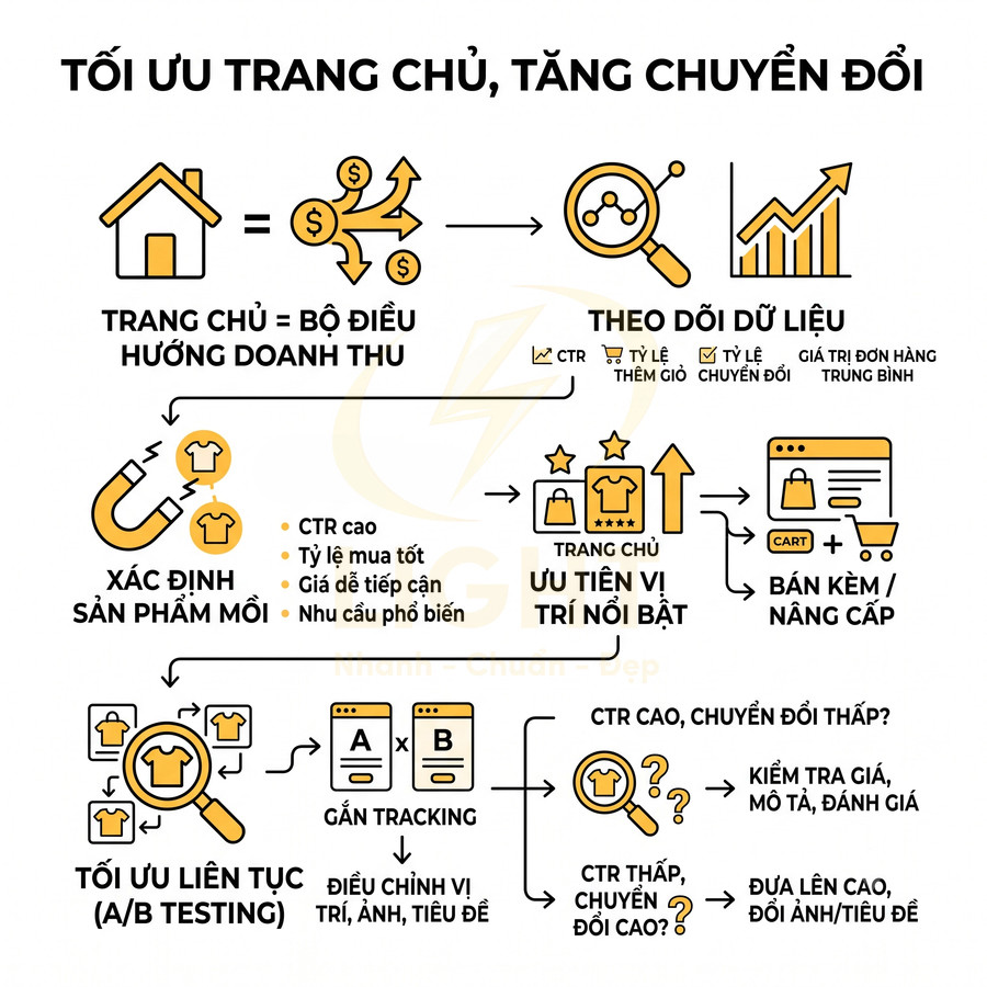 Infographic tối ưu trang chủ website để tăng chuyển đổi, theo dõi dữ liệu và A/B testing sản phẩm nổi bật