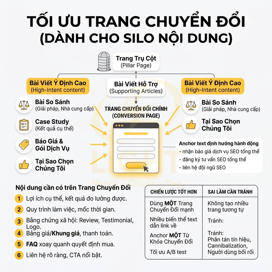 Hướng dẫn tối ưu trang chuyển đổi cho silo nội dung với cấu trúc pillar page và bài viết ý định cao