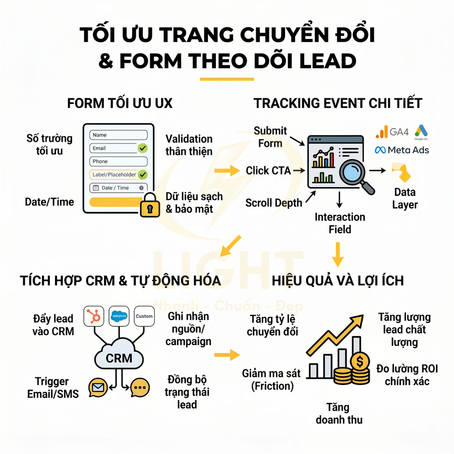 Mô hình tối ưu form theo dõi lead, tracking sự kiện chi tiết và tích hợp CRM để tăng chuyển đổi, doanh thu