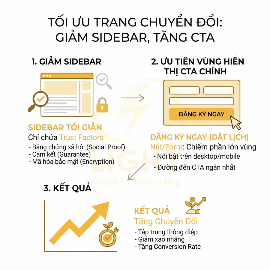 Hướng dẫn tối ưu trang chuyển đổi với sidebar tối giản, nút đăng ký CTA nổi bật và biểu đồ tăng tỷ lệ chuyển đổi