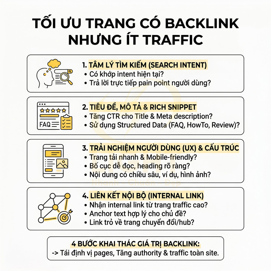 Hướng dẫn tối ưu trang có backlink nhưng ít traffic với 4 bước cải thiện SEO và trải nghiệm người dùng
