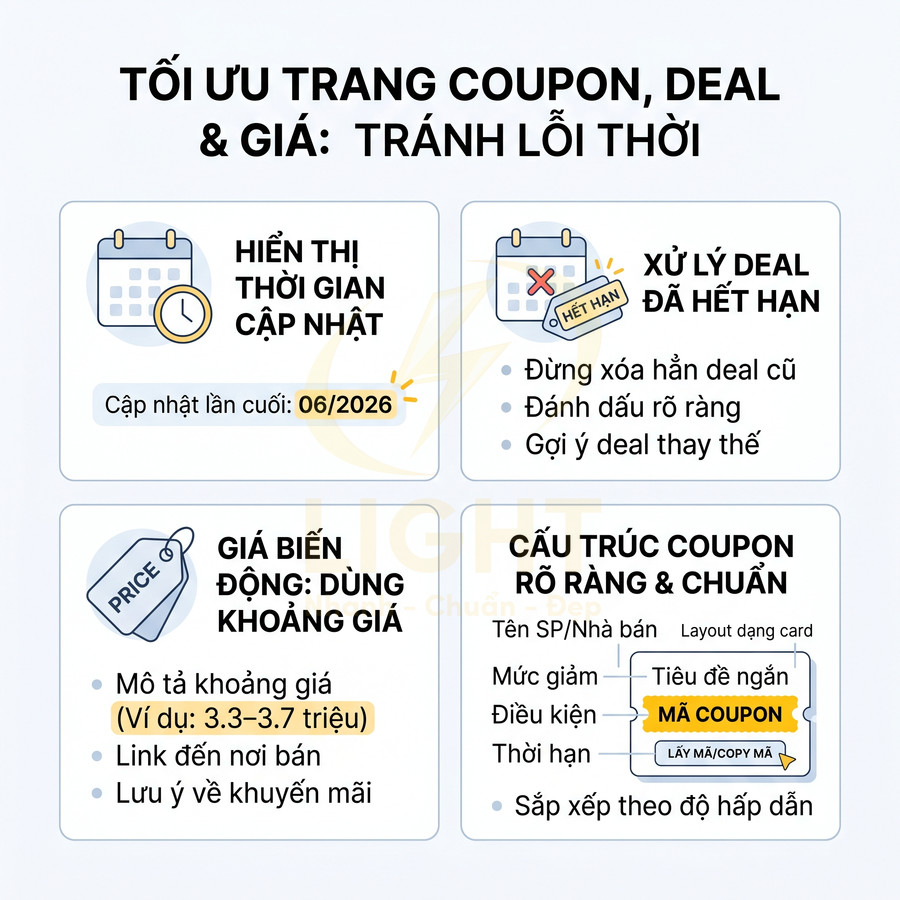 Hướng dẫn tối ưu trang coupon và deal giá với cách hiển thị thời gian cập nhật, xử lý deal hết hạn và cấu trúc mã giảm giá