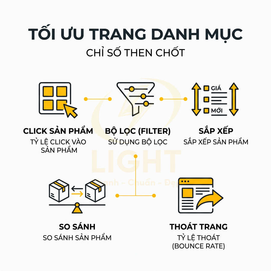 Tối ưu trang danh mục với các chỉ số then chốt click sản phẩm bộ lọc sắp xếp so sánh và thoát trang
