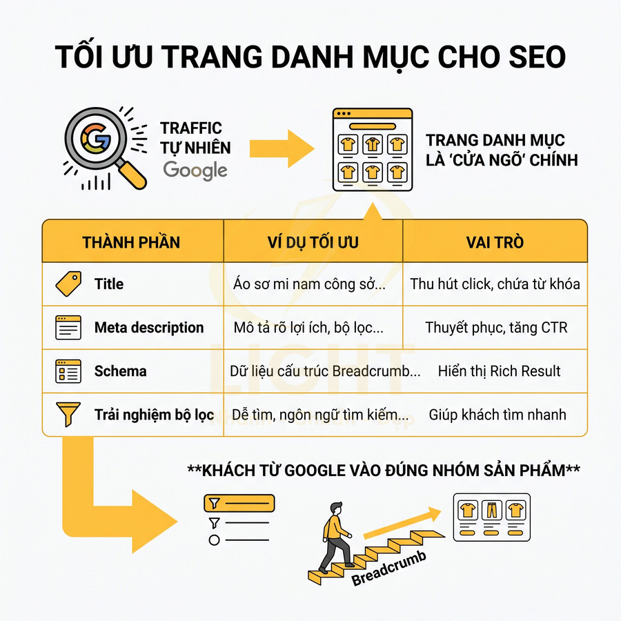Hướng dẫn tối ưu trang danh mục sản phẩm cho SEO với title, meta description, schema và trải nghiệm bộ lọc