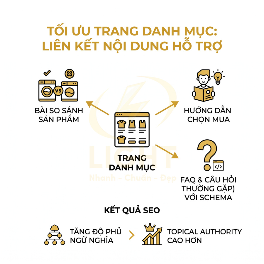 Mô hình tối ưu trang danh mục với bài so sánh sản phẩm, hướng dẫn chọn mua và FAQ giúp tăng hiệu quả SEO