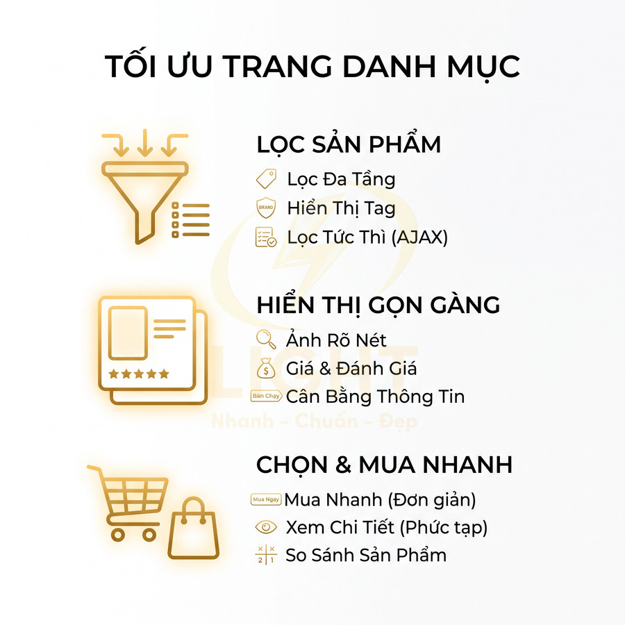 Mô tả tính năng tối ưu trang danh mục sản phẩm: lọc sản phẩm, hiển thị gọn gàng, chọn và mua nhanh