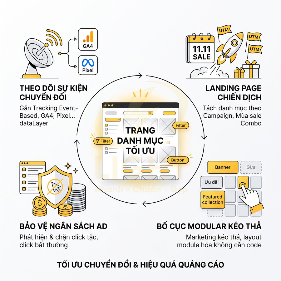 Mô hình trang danh mục tối ưu cho quảng cáo với tracking GA4, landing page chiến dịch và bảo vệ ngân sách quảng cáo