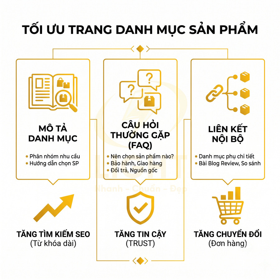 Infographic tối ưu trang danh mục sản phẩm với mô tả, FAQ, liên kết nội bộ giúp tăng SEO, độ tin cậy và chuyển đổi