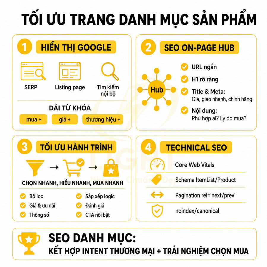 Hướng dẫn tối ưu SEO trang danh mục sản phẩm với hiển thị Google, onpage hub, hành trình mua và technical SEO