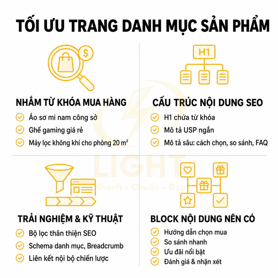 Tối ưu trang danh mục sản phẩm với từ khóa mua hàng, cấu trúc nội dung SEO, trải nghiệm kỹ thuật và block nội dung cần có