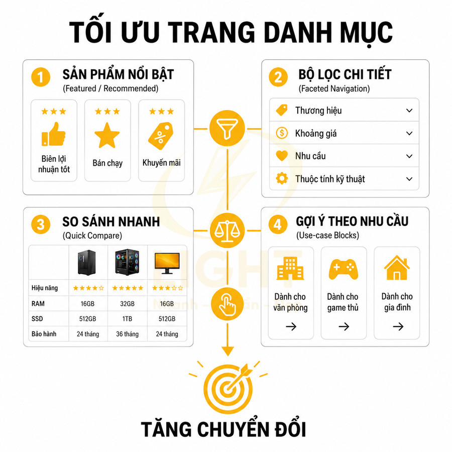 Infographic tối ưu trang danh mục sản phẩm với sản phẩm nổi bật, bộ lọc chi tiết, so sánh nhanh và gợi ý theo nhu cầu
