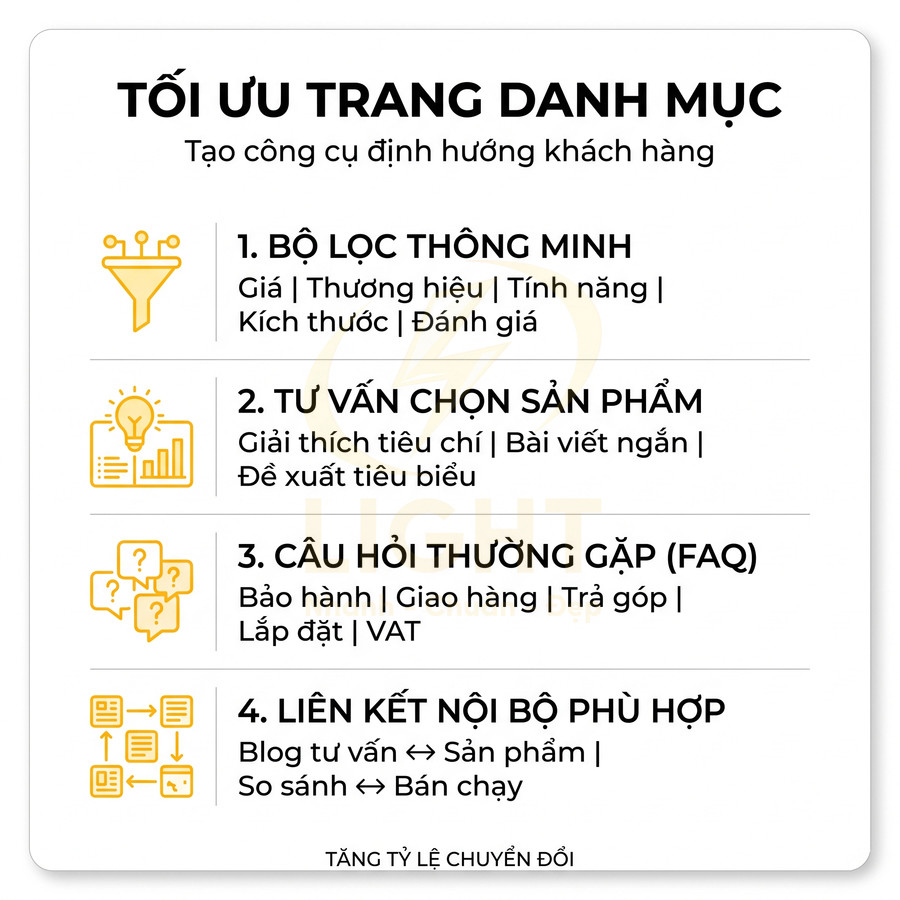 Hướng dẫn tối ưu trang danh mục với bộ lọc thông minh, tư vấn chọn sản phẩm, FAQ và liên kết nội bộ tăng chuyển đổi