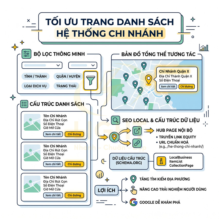 Infographic tối ưu trang danh sách hệ thống chi nhánh với bộ lọc thông minh và bản đồ tương tác