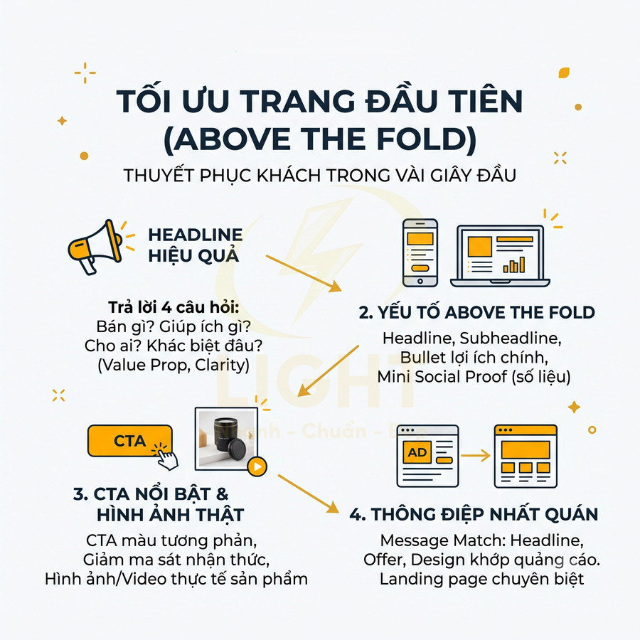Hướng dẫn tối ưu trang đầu tiên website với headline, CTA nổi bật, yếu tố above the fold và thông điệp nhất quán