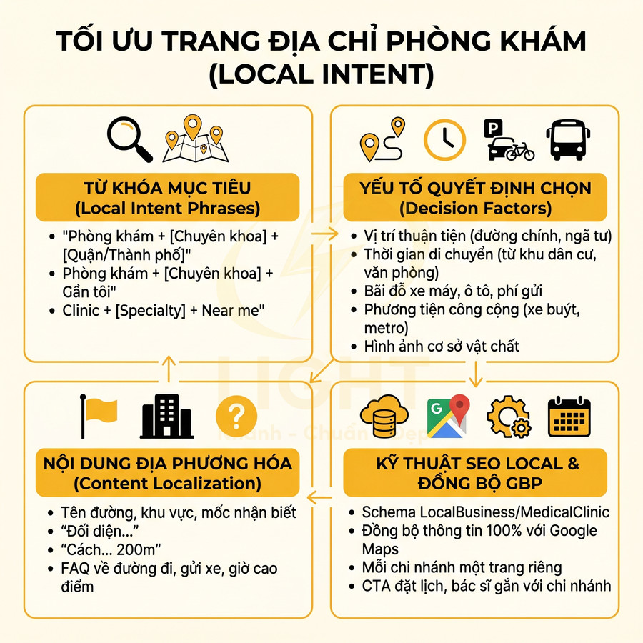 Infographic tối ưu trang địa chỉ phòng khám với từ khóa local, nội dung địa phương hóa và kỹ thuật SEO local đồng bộ Google Maps