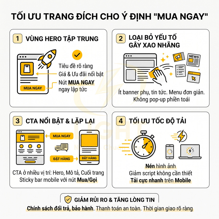 Infographic tối ưu trang đích cho ý định mua ngay với hero rõ ràng, CTA nổi bật, giảm xao nhãng và tăng tốc độ tải trang