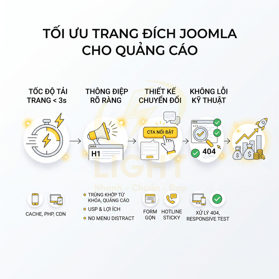 Hướng dẫn tối ưu trang đích Joomla cho quảng cáo với tốc độ tải nhanh, CTA nổi bật và không lỗi kỹ thuật