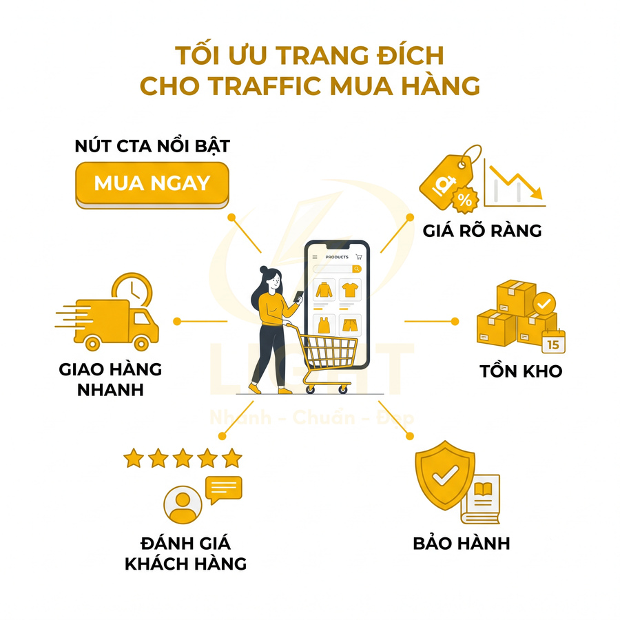 Minh họa tối ưu trang đích bán hàng online với nút mua ngay, giao hàng nhanh, giá rõ ràng, tồn kho, đánh giá và bảo hành
