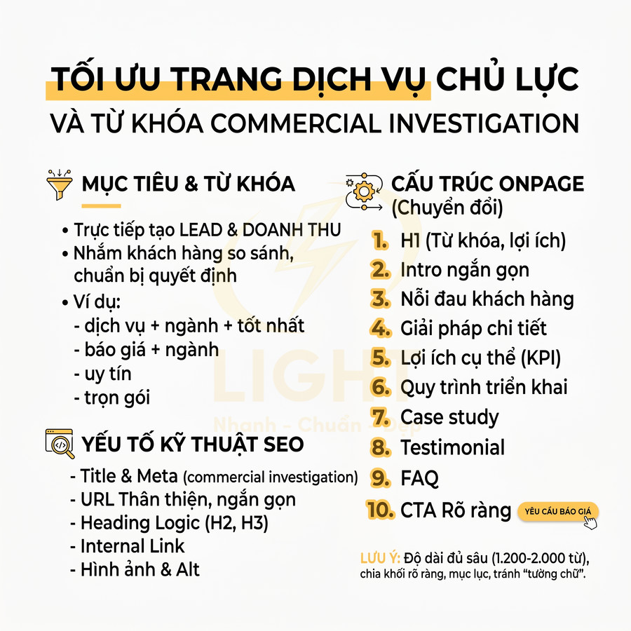 Hướng dẫn tối ưu trang dịch vụ chủ lực và từ khóa commercial investigation với cấu trúc onpage và yếu tố kỹ thuật SEO