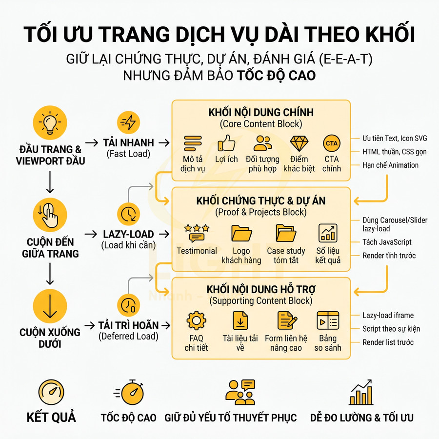 Sơ đồ tối ưu trang dịch vụ dài theo khối với nội dung chính, chứng thực dự án và nội dung hỗ trợ để tăng tốc độ tải