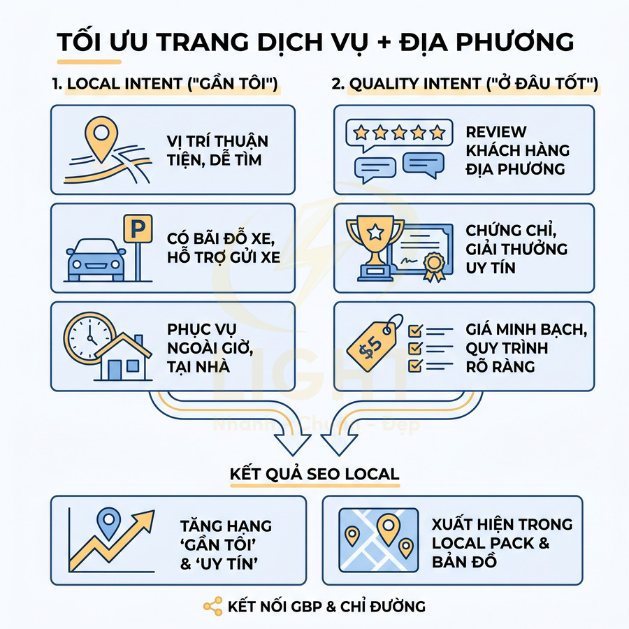 Infographic tối ưu trang dịch vụ địa phương với local intent, quality intent và kết quả SEO local trên bản đồ