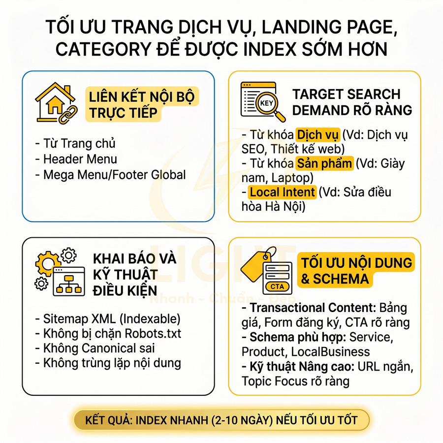 Infographic tối ưu trang dịch vụ landing page category để được Google index nhanh hơn