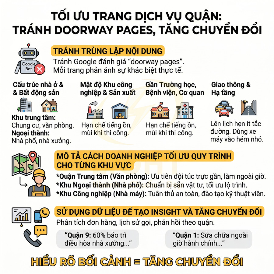 Infographic tối ưu trang dịch vụ quận, tránh doorway pages và tăng chuyển đổi trong SEO doanh nghiệp