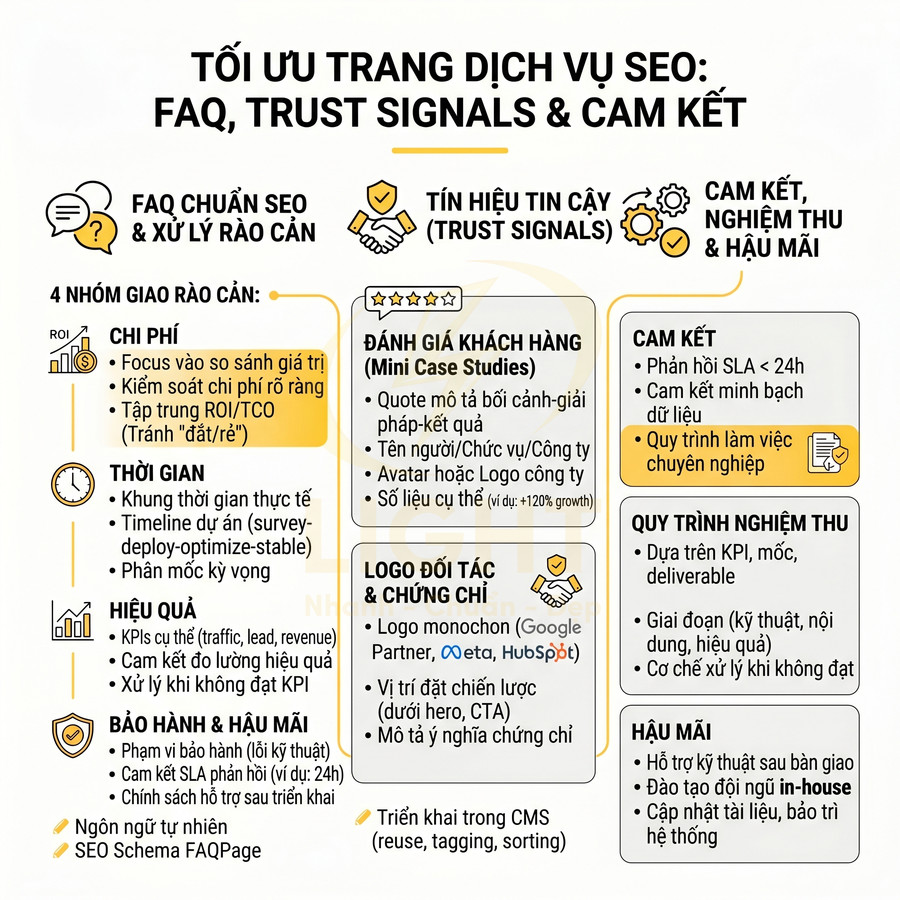 Infographic tối ưu trang dịch vụ SEO với FAQ chuẩn SEO, tín hiệu tin cậy, cam kết và quy trình hậu mãi
