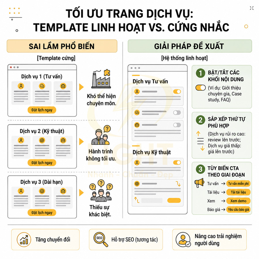 Mô tả tối ưu trang dịch vụ so sánh template cứng nhắc và hệ thống linh hoạt kèm các giải pháp cải thiện CTA và nội dung