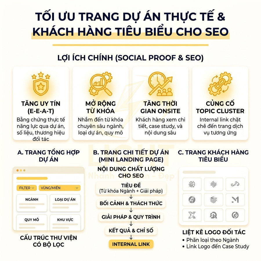Hướng dẫn tối ưu trang dự án thực tế và khách hàng tiêu biểu cho SEO với lợi ích và cấu trúc nội dung chi tiết