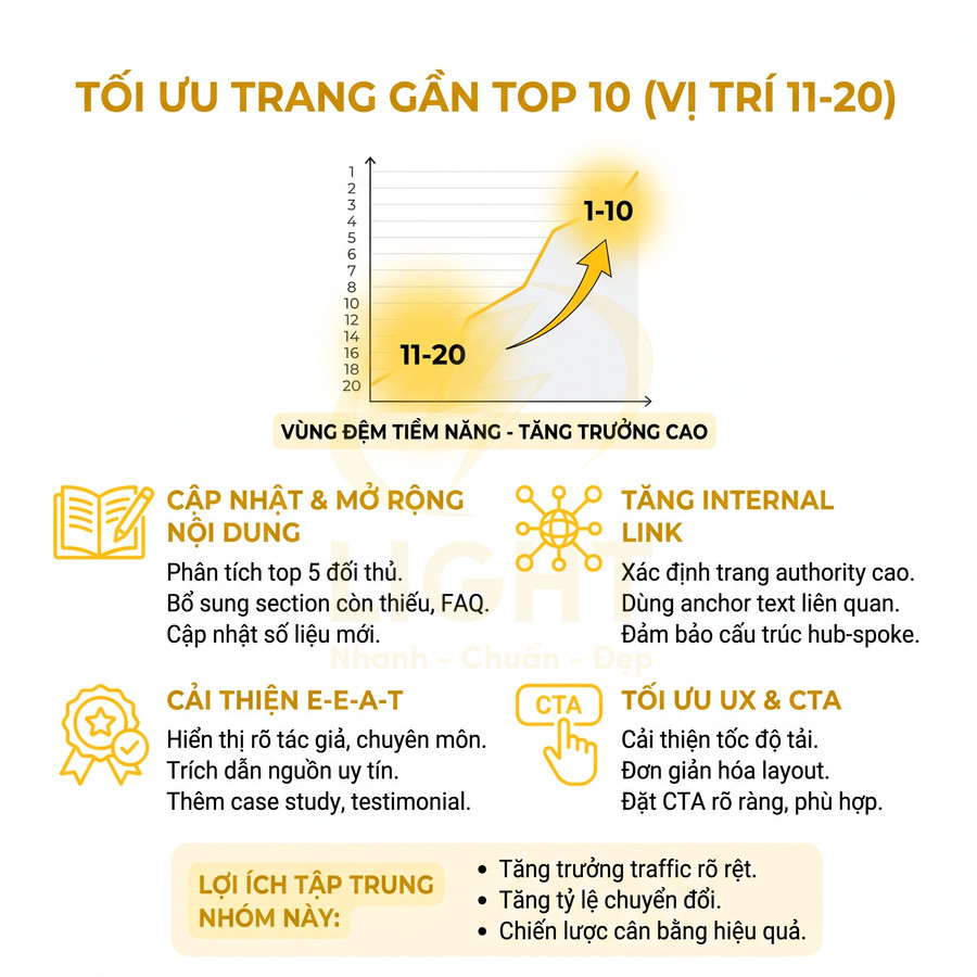 Infographic tối ưu SEO cho trang web ở vị trí 11-20 với chiến lược nội dung, internal link, UX và CTA