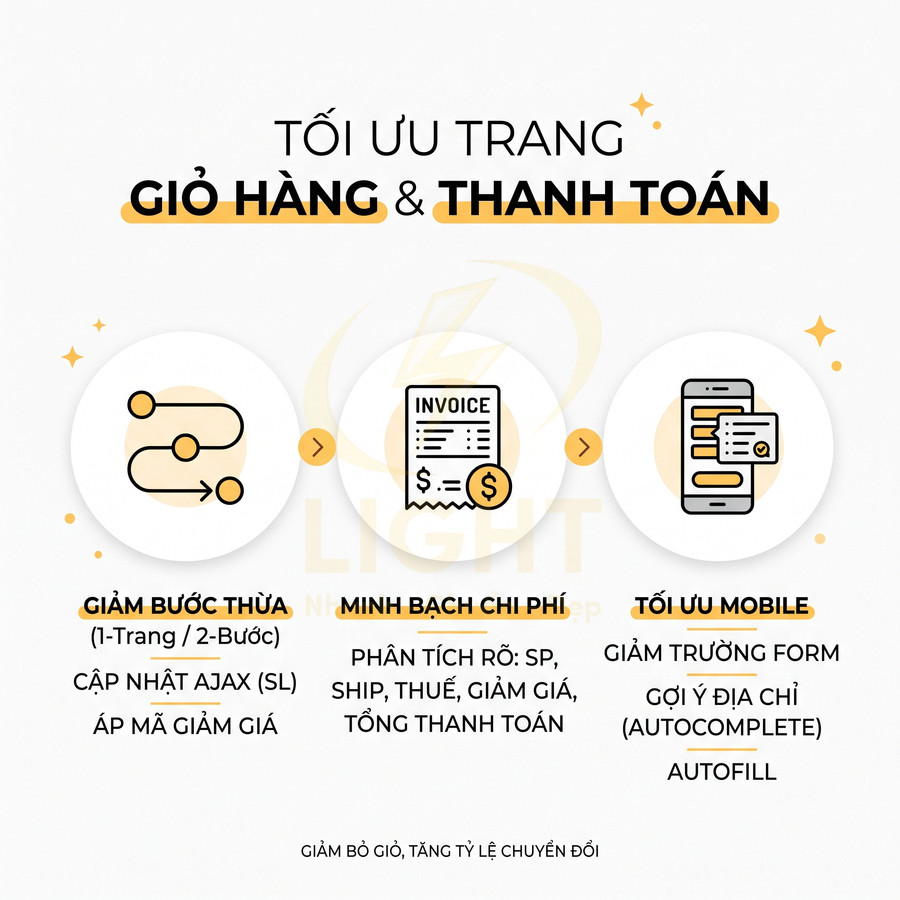 Banner hướng dẫn tối ưu trang giỏ hàng và thanh toán với các lợi ích giảm bước thừa, minh bạch chi phí, tối ưu mobile