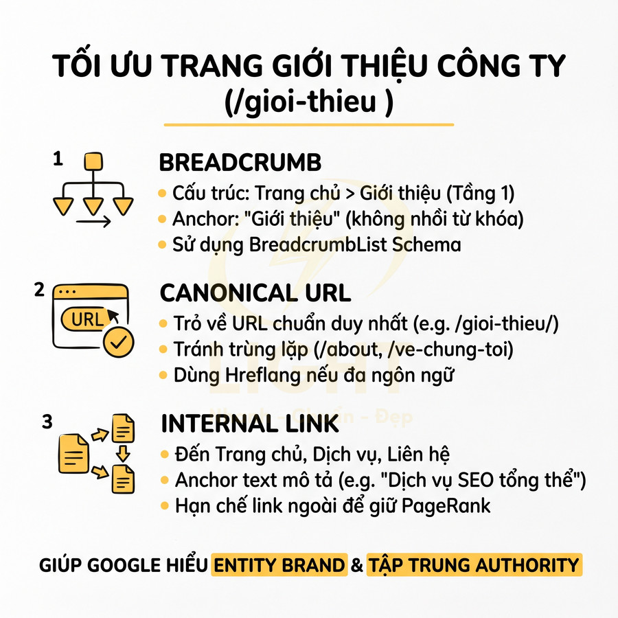 Hướng dẫn tối ưu SEO trang giới thiệu công ty với breadcrumb canonical URL và internal link