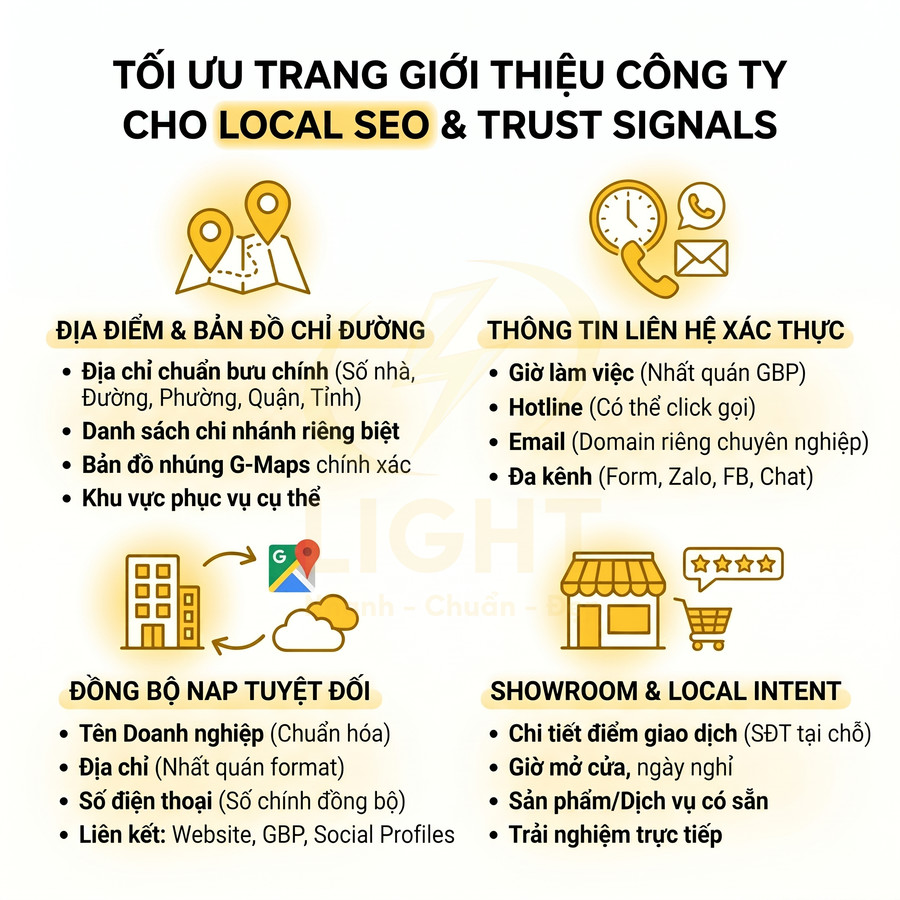 Hướng dẫn tối ưu trang giới thiệu công ty cho Local SEO với địa điểm, liên hệ, đồng bộ NAP và showroom