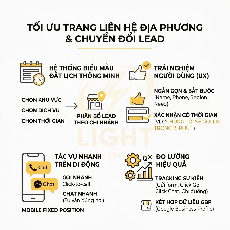 Infographic tối ưu trang liên hệ địa phương và chuyển đổi lead với biểu mẫu đặt lịch, call Zalo chat và đo lường hiệu quả