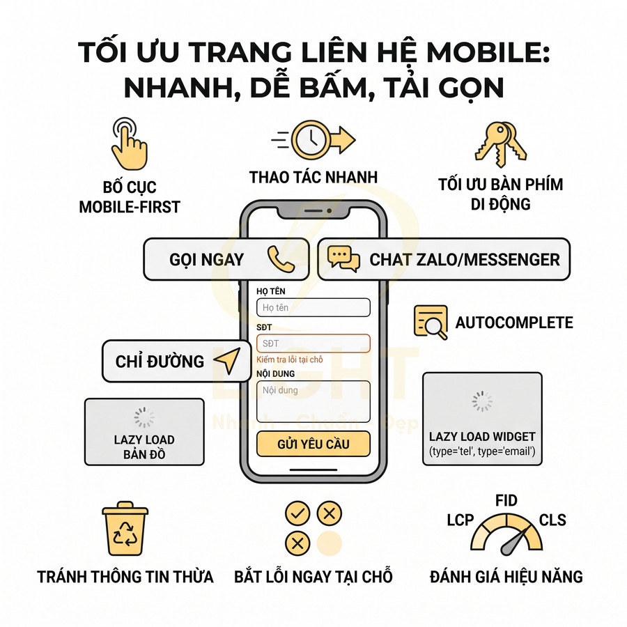 Minh họa tối ưu trang liên hệ trên điện thoại với nút gọi ngay, chat Zalo Messenger, chỉ đường và form gửi yêu cầu