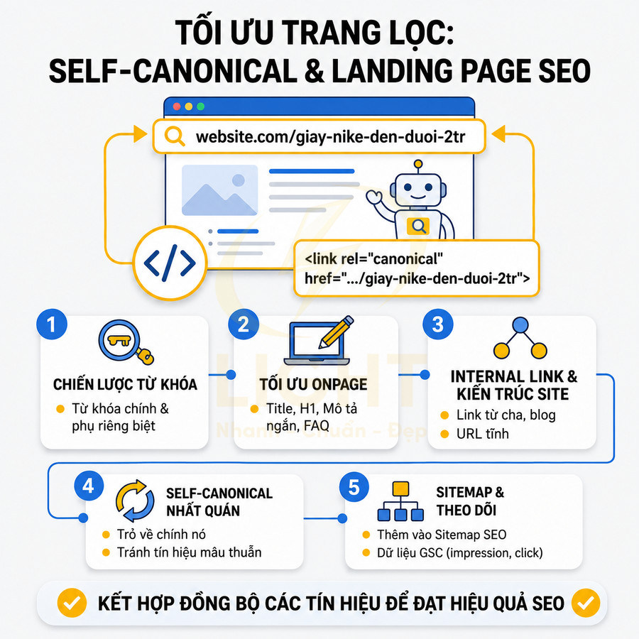 Hướng dẫn tối ưu trang lọc SEO với self canonical và landing page, gồm chiến lược từ khóa, onpage, internal link, sitemap