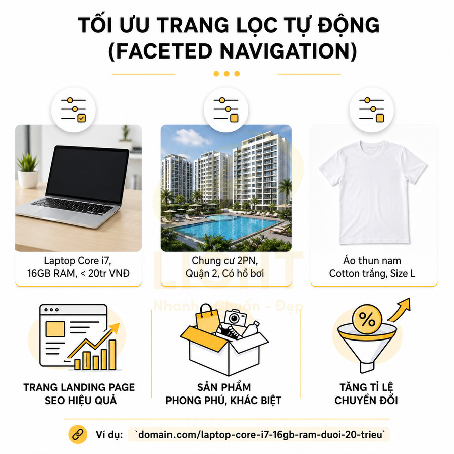 Minh họa tối ưu trang lọc sản phẩm với laptop Core i7, chung cư cao cấp và áo thun nam trắng size L